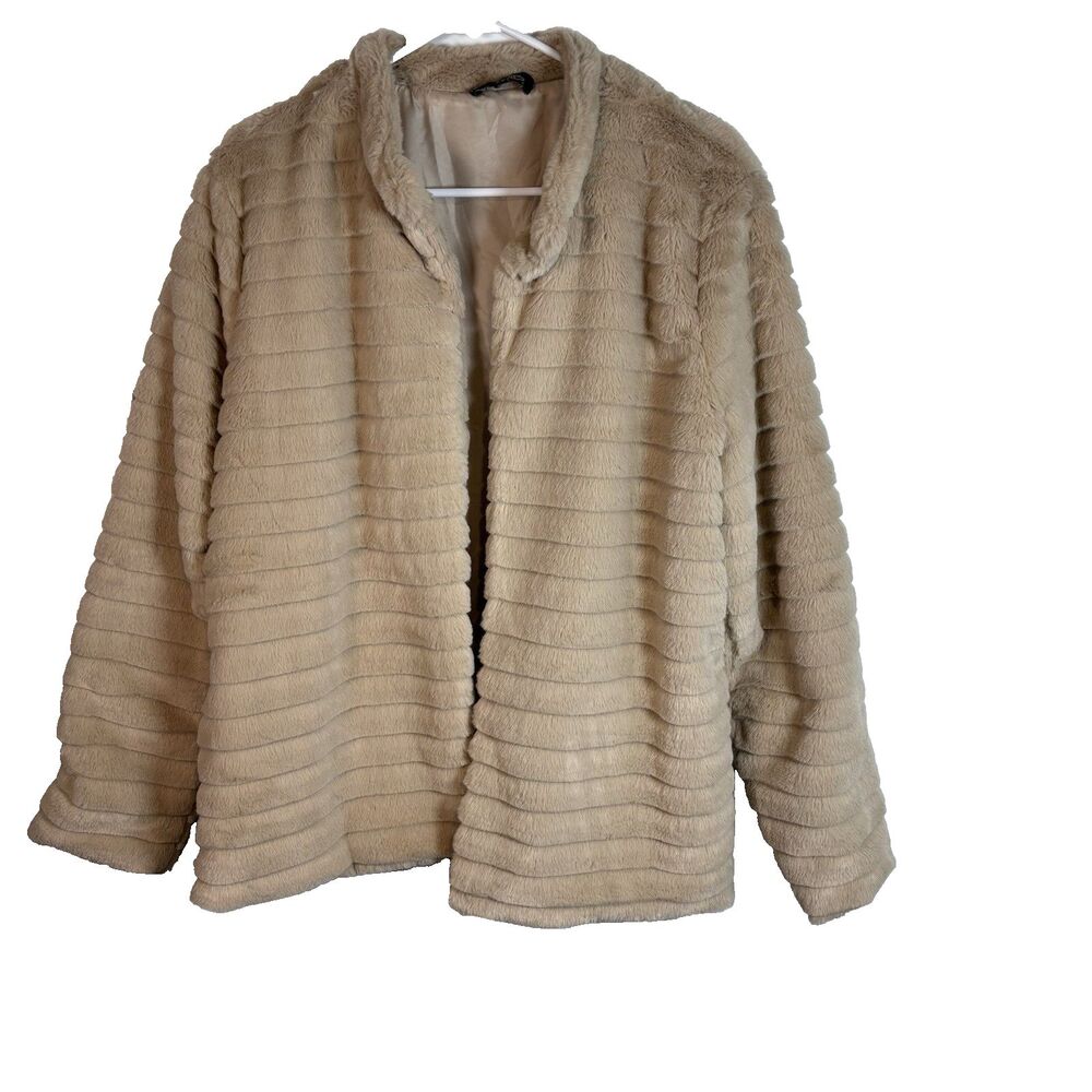 Suzanne Betro Faux Fur Ribbed Plush Jacket Beige Open Front Women's 1X Cozy